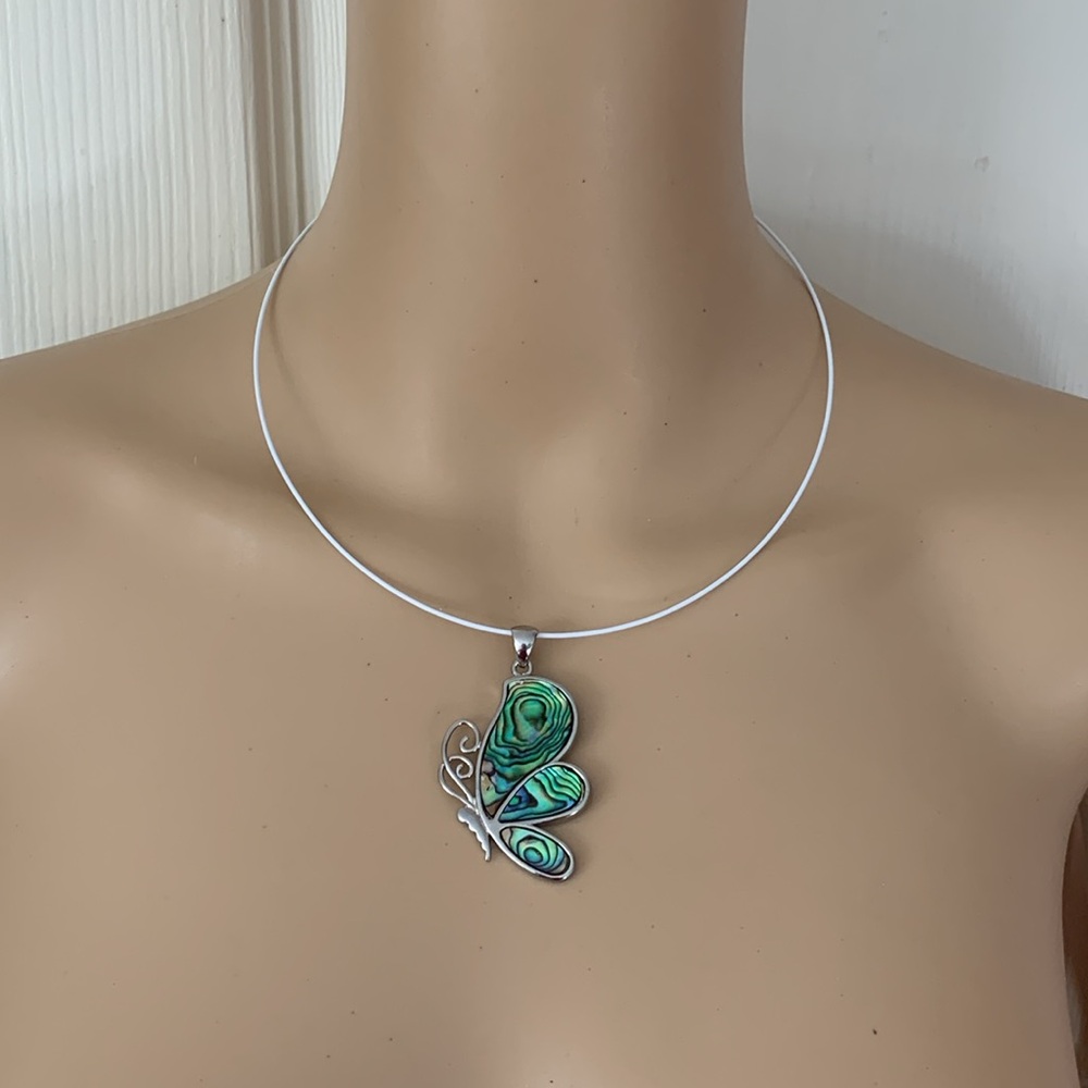 Abalone shell mother of pearl silver butterfly pendant choker necklace